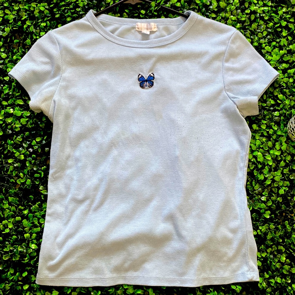 Teen Blue butterfly embroidered ribbed shirt